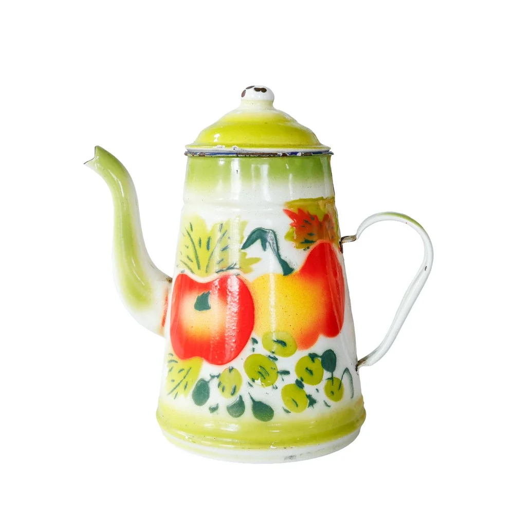 Vintage Fruit Enamelware Coffee Tea Pot MCM Retro Cottage Farm Grandma Tea Party